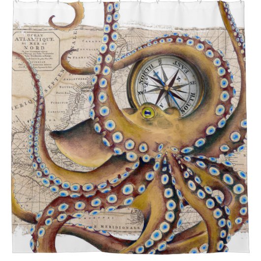 Bruin octopus Map Compass Douchegordijn (Voorkant)