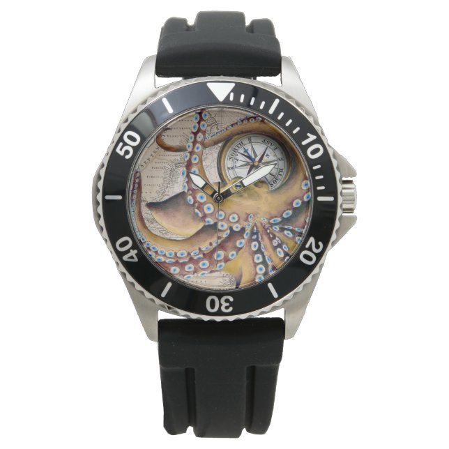 Bruin octopus  Map Compass Horloge (Voorkant)