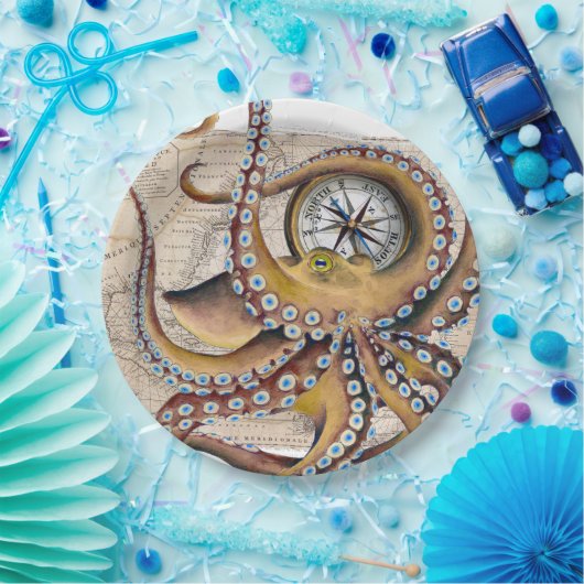 Bruin octopus  Map Compass Papieren Bordje (Feest)