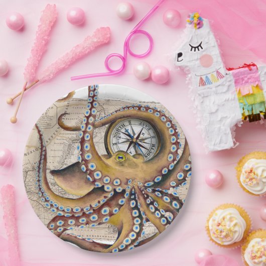 Bruin octopus Map Compass Papieren Bordje (Feest)