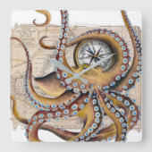 Bruin octopus Map Compass Vierkante Klok (Voorkant)