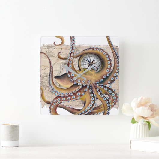 Bruin octopus Map Compass Vierkante Klok (Huis)