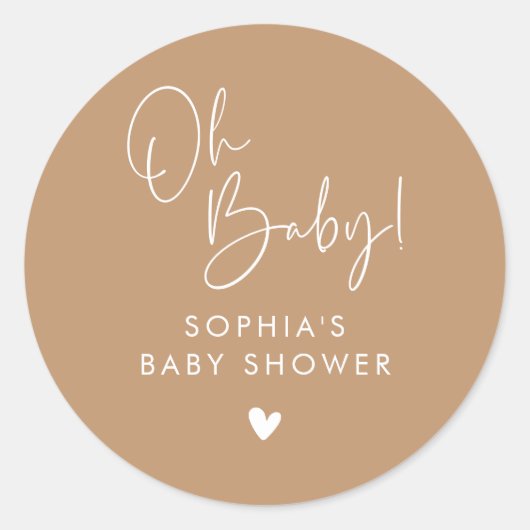 Bruin Oh Baby Modern Boho Baby shower Ronde Sticker (Voorkant)