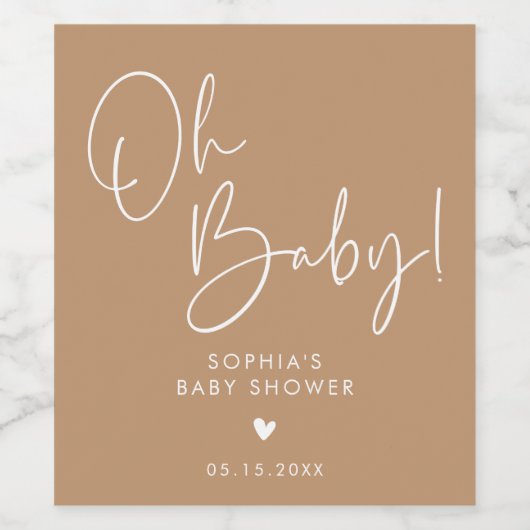 Bruin Oh Baby Modern Boho Baby shower Wijn Etiket (Enkel label)