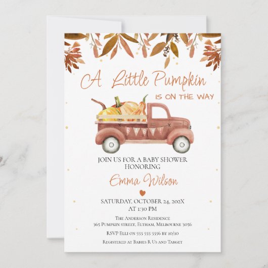 Bruin olievlek Heart Pumpkin Truck Baby shower Kaart (Voorkant)