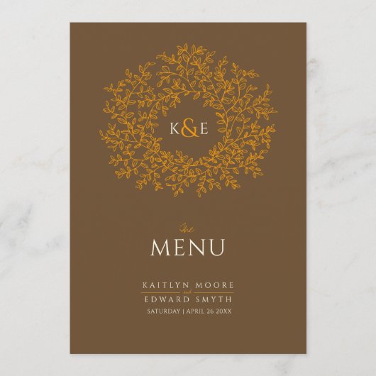 Bruin oranje blad met botanische bladtekening mono menu (Voorkant)