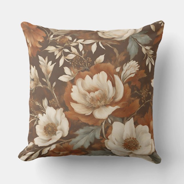 Bruin Oranje Blauw Crème Bloemmotief Kussen (Voorkant)