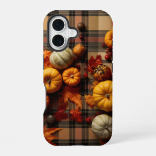 BRUIN ORANJE GEEL HERFST RUITMOTIEF & POMPOENEN iPhone 16 HOESJE