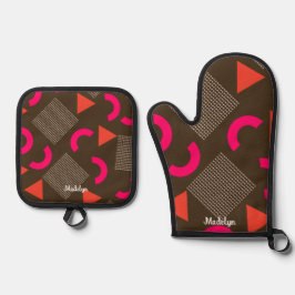 Bruin Oranje Geometrische Gepersonaliseerde Naam  Ovenwant & Pannenlap Set