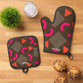 Bruin Oranje Geometrische Gepersonaliseerde Naam  Ovenwant & Pannenlap Set
