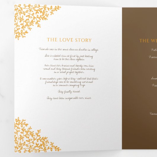 Bruin oranje monogram kunstverhaal over de toewijd drieluik programma (Binnenzijde eerst)