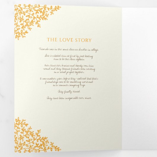 Bruin oranje monogram kunstverhaal over de toewijd drieluik programma (Binnenzijde eerst)