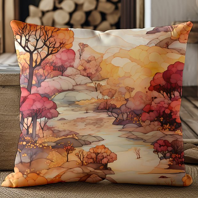 Bruin Oranje Rood Herfst Rivier Bomen Landschap Kussen (Orange, red, and brown trees and river landscape pillow)