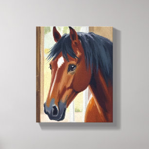 Bruin Paard Aquarel Dier Landelijke Schuur Canvas Afdruk