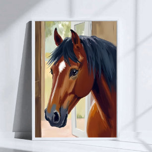 Bruin Paard Aquarel Dier Landelijke Schuur Poster