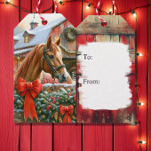 Bruin paard, bogen en schuren rustieke kerst cadeaulabel