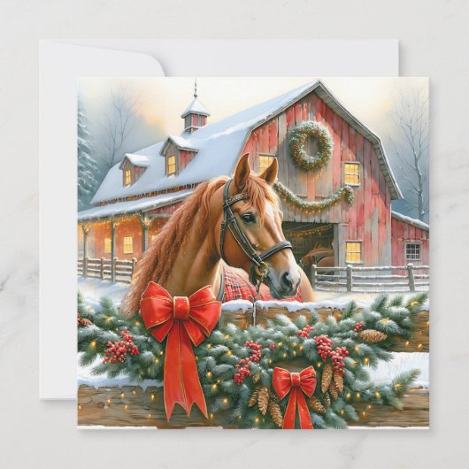 Bruin paard, bogen en schuren rustieke kerst feestdagenkaart (Voorkant)