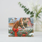 Bruin paard, bogen en schuren rustieke kerst feestdagenkaart (Staand voorkant)