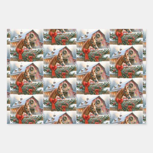 Bruin paard, bogen en schuren rustieke kerst inpakpapier vel (Voorkant)