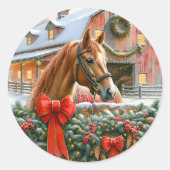 Bruin paard, bogen en schuren rustieke kerst ronde sticker (Voorkant)