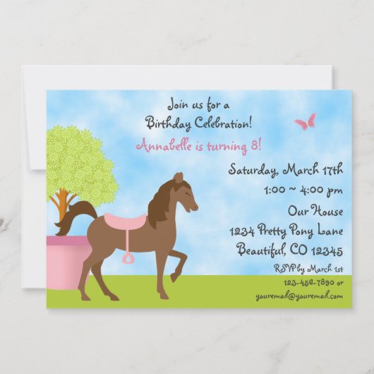  Bruin Paard en Bloemen Verjaardagsuitnodiging Kaart (Achterkant)