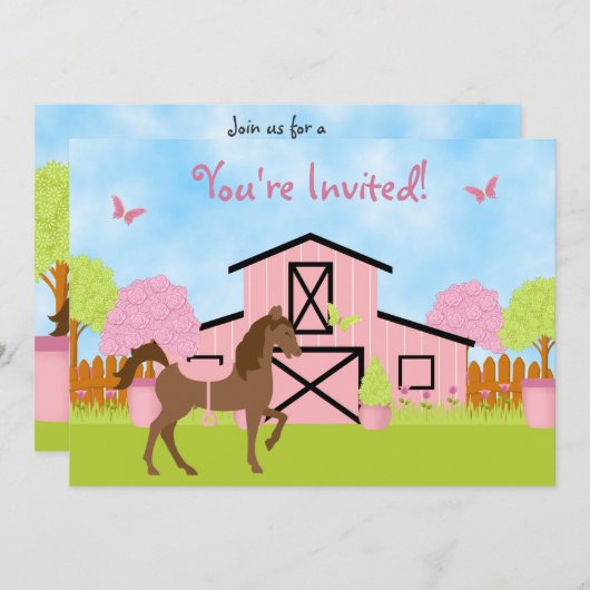 Bruin Paard en Bloemen Verjaardagsuitnodiging Kaart (Voorkant / Achterkant)