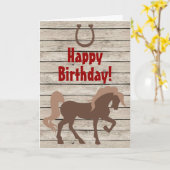 Bruin Paard en Hoefijzer op Barn Wood Verjaardag Kaart (Gele Bloem)