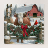 Bruin Paard en Koe Kerst Boerderij Legpuzzel (Verticaal)