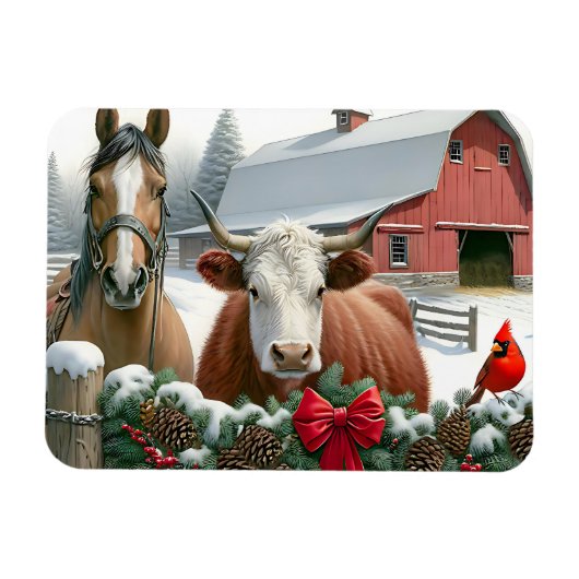 Bruin Paard en Koe Kerst Boerderij Magneet (Horizontaal)