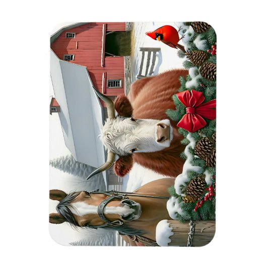Bruin Paard en Koe Kerst Boerderij Magneet (Verticaal)