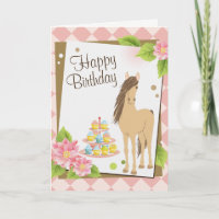  Bruin Paard en Roze Bloemen Happy Birthday
