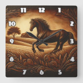 Bruin paard galoppeert over gouden velden vierkante klok (Voorkant)