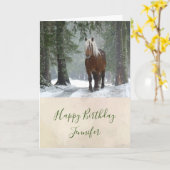 Bruin paard in een bos met een sneeuwval kaart (Gele Bloem)