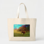 Bruin paard in een regenboogkleurig veld grote tote bag (Voorkant)