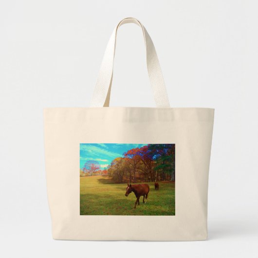 Bruin paard in een regenboogkleurig veld grote tote bag (Voorkant)