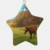 Bruin paard in een regenboogkleurig veld keramisch ornament (Links)