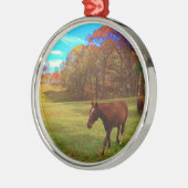 Bruin paard in een regenboogkleurig veld metalen ornament (Links)