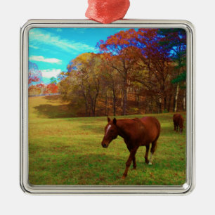 Bruin paard in een regenboogkleurig veld metalen ornament