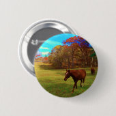 Bruin paard in een regenboogkleurig veld ronde button 5,7 cm (Voorkant /achterkant)