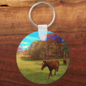 Bruin paard in een regenboogkleurig veld sleutelhanger (Voorkant)