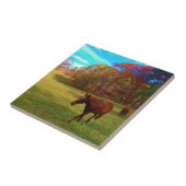 Bruin paard in een regenboogkleurig veld tegeltje (Zijkant)