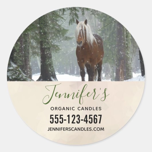 Bruin Paard in een Winter Forest Business Ronde Sticker (Voorkant)