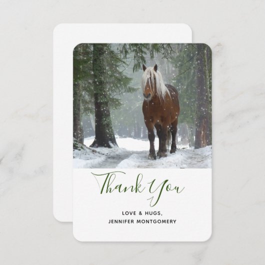 Bruin paard in een winterbos met sneeuwval bedankkaart (Voorkant / Achterkant)