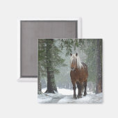 Bruin paard in een winterbos met sneeuwval magneet (Voorkant / Achterkant)