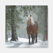 Bruin paard in een winterbos met sneeuwval magneet (Voorkant)