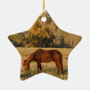 Bruin paard in geel boomveld keramisch ornament
