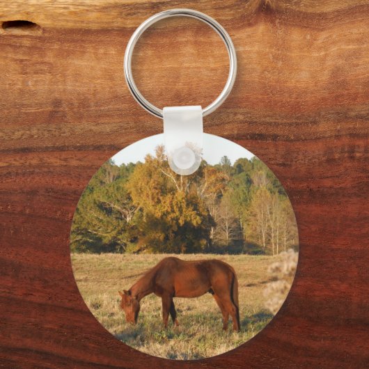 Bruin paard in geel boomveld sleutelhanger (Voorkant)