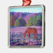 Bruin paard in Paarse gras Metalen Ornament (Links)