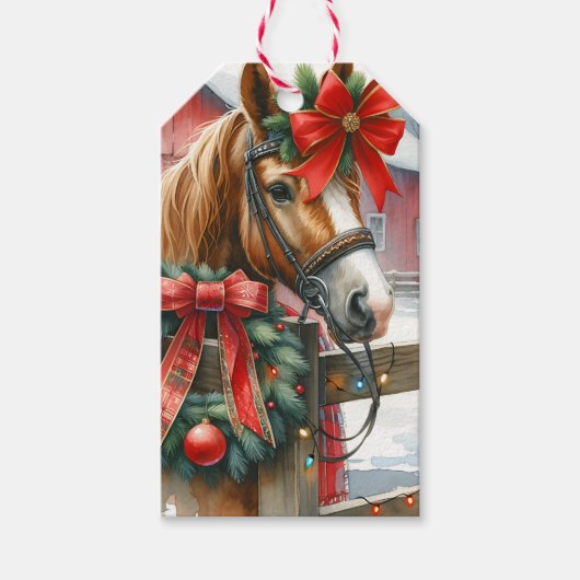  Bruin Paard in Rode Boog Kerst Cadeaulabel (Voorkant)