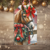  Bruin Paard in Rode Boog Kerst Cadeaulabel